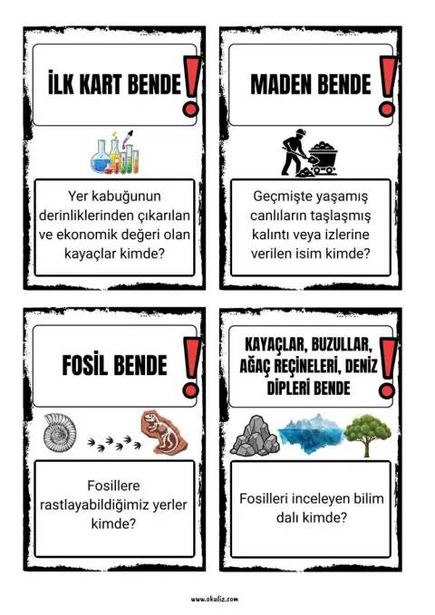 4. sınıf fen bilimleri kayaçlar, madenler ve fosiller bende-kimde oyun kartları